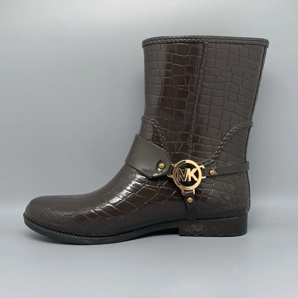 Michael Kors Fulton‎ Brown Embossed Croc Print Rubber Rain Boots Women's Sz 10